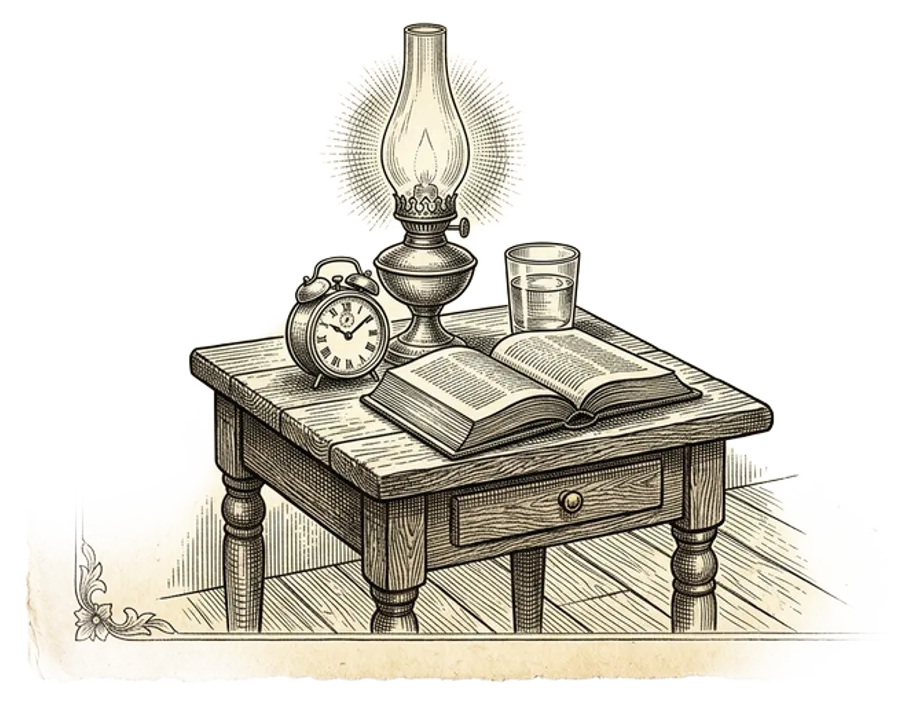 A serene bedside scene with a warm lamp, open book, simple analog alarm clock, and water glass on textured bedding