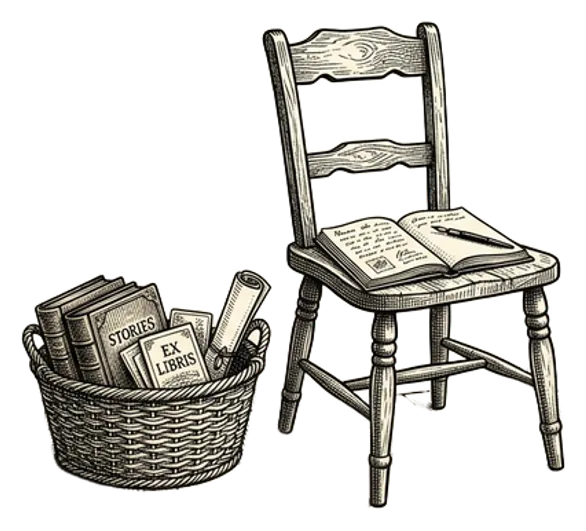 A compact apartment corner by a window with a comfortable reading chair, small lamp, book, notebook, and a neat basket of cards