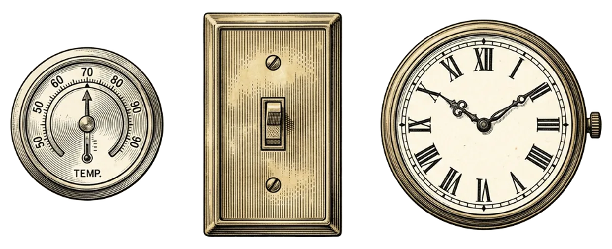 A quiet home detail showing a physical light switch, an analog wall clock, and a small discreet thermostat in a warm practical interior