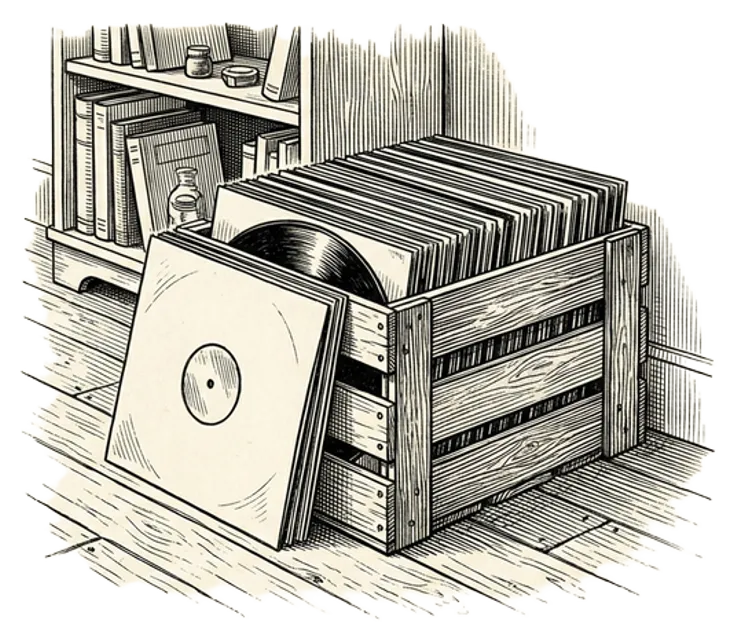 Engraving of a wooden crate filled with vinyl LP records standing upright with one record partially pulled out