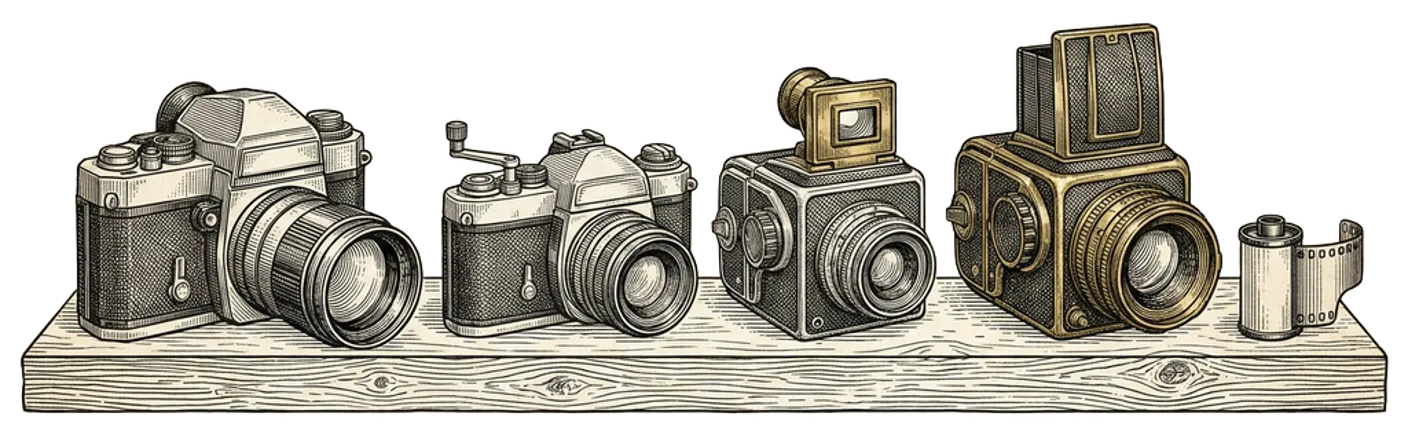 Engraving of four vintage 35mm SLR cameras arranged in a row on a wooden shelf with a roll of film