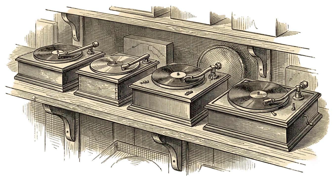 Engraving of four turntables arranged on a shelf, each slightly different in design