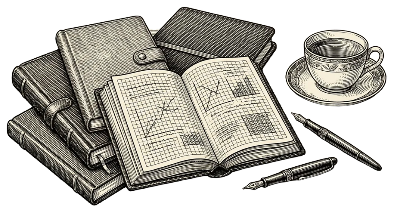Engraving of five notebooks and planners stacked on a desk beside a fountain pen and cup of tea