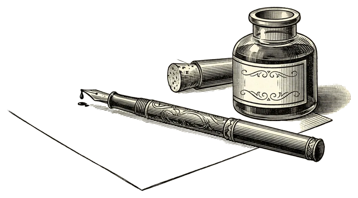 Engraving of an uncapped fountain pen resting on writing paper with an ink bottle standing nearby