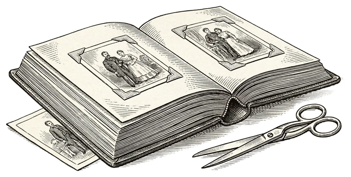 Engraving of a leather-bound photo album lying open with photographs in corner mounts and a loose photograph beside it