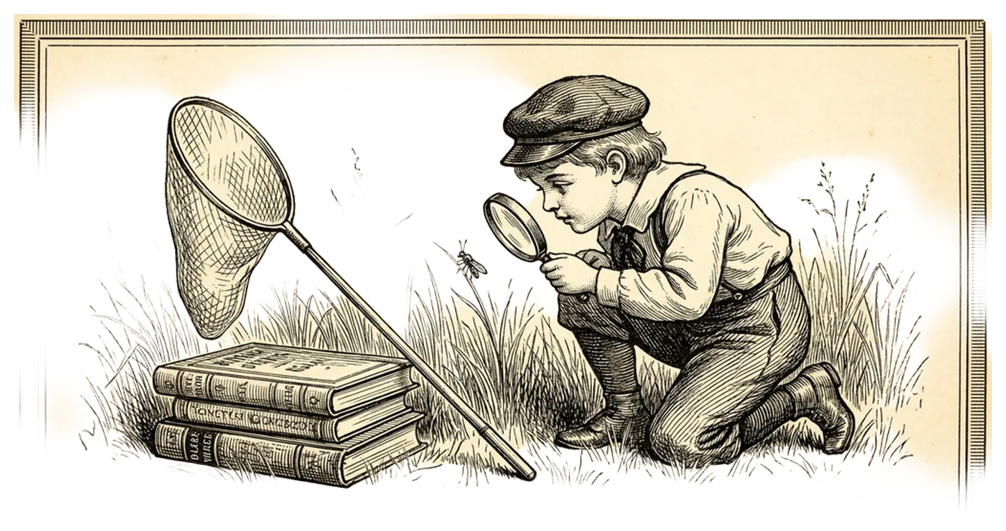 Engraving of a child kneeling in grass examining something through a magnifying glass, with a butterfly net and books nearby