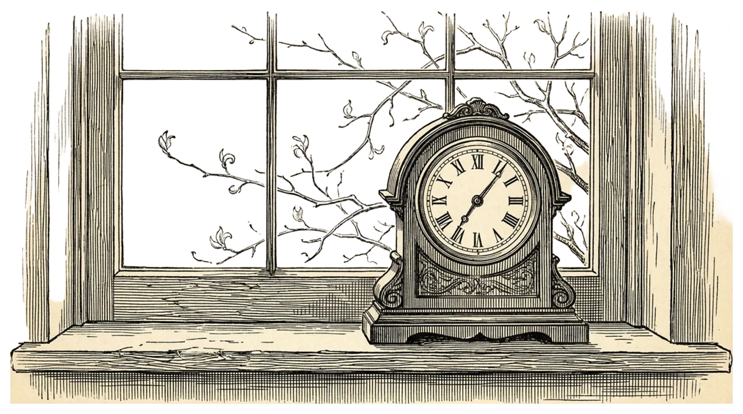 Engraving of a mantel clock on a windowsill with budding spring branches visible through the window behind it
