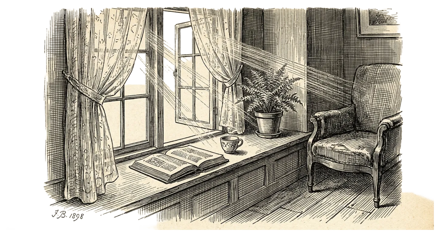 An engraving of an open window in a quiet room with a book and a cup on the sill.