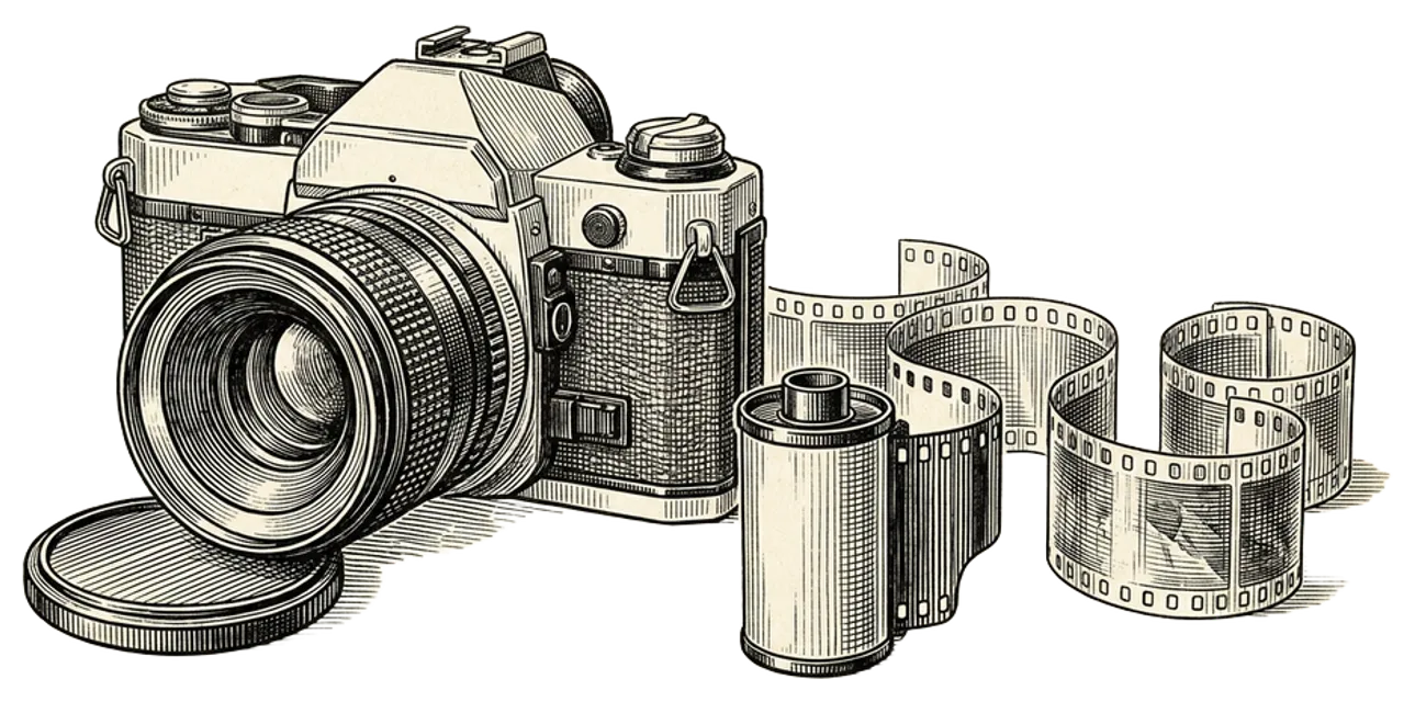 Engraving of a vintage 35mm SLR film camera beside a roll of film and curled developed negatives
