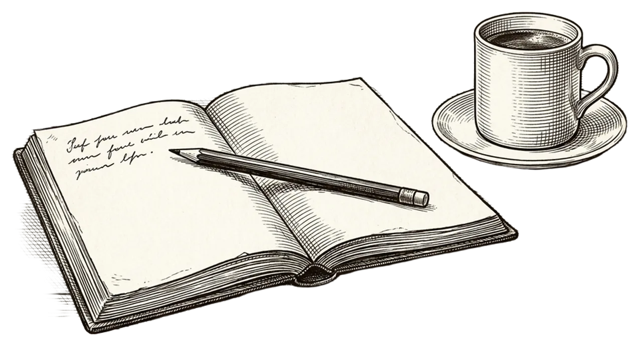 Engraving of an open notebook on a writing desk with a pencil resting across the page and a cup of coffee beside it