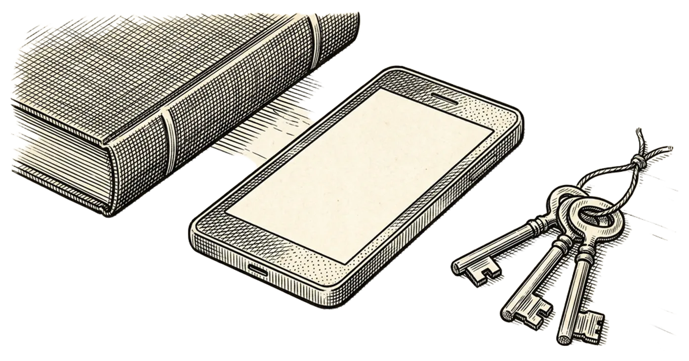 Engraving of a minimal phone lying on a wooden table beside a closed book and a set of keys