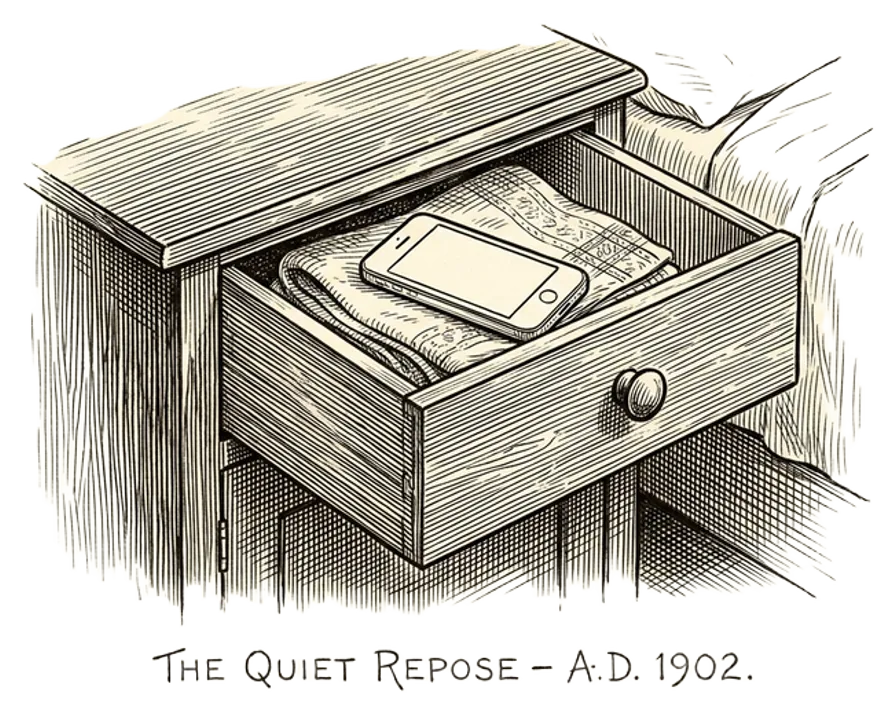 An engraving of a wooden drawer left slightly open with a phone resting inside on a folded cloth.