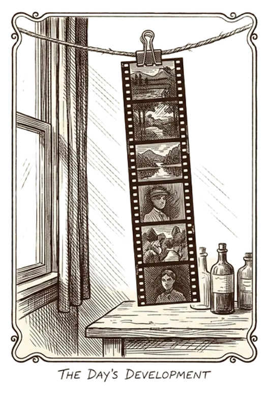 An engraving of a strip of developed 35mm film negatives hanging by a clip from a drying line, five or six frames visible.