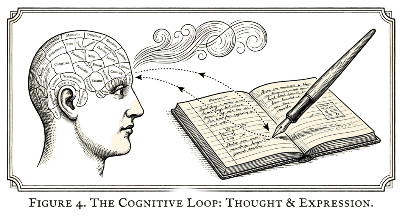 An engraving showing a stylized head in profile beside an open notebook and a fountain pen, with light connecting lines suggesting the link between hand and thought.
