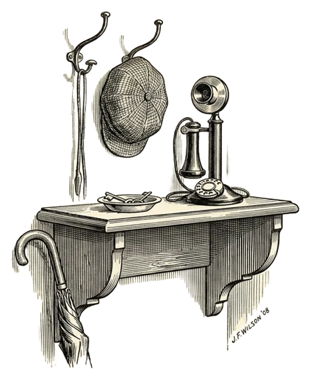 An engraving of an entryway shelf with a phone resting on it and a coat hook above, suggesting the moment of putting the phone down on coming home.