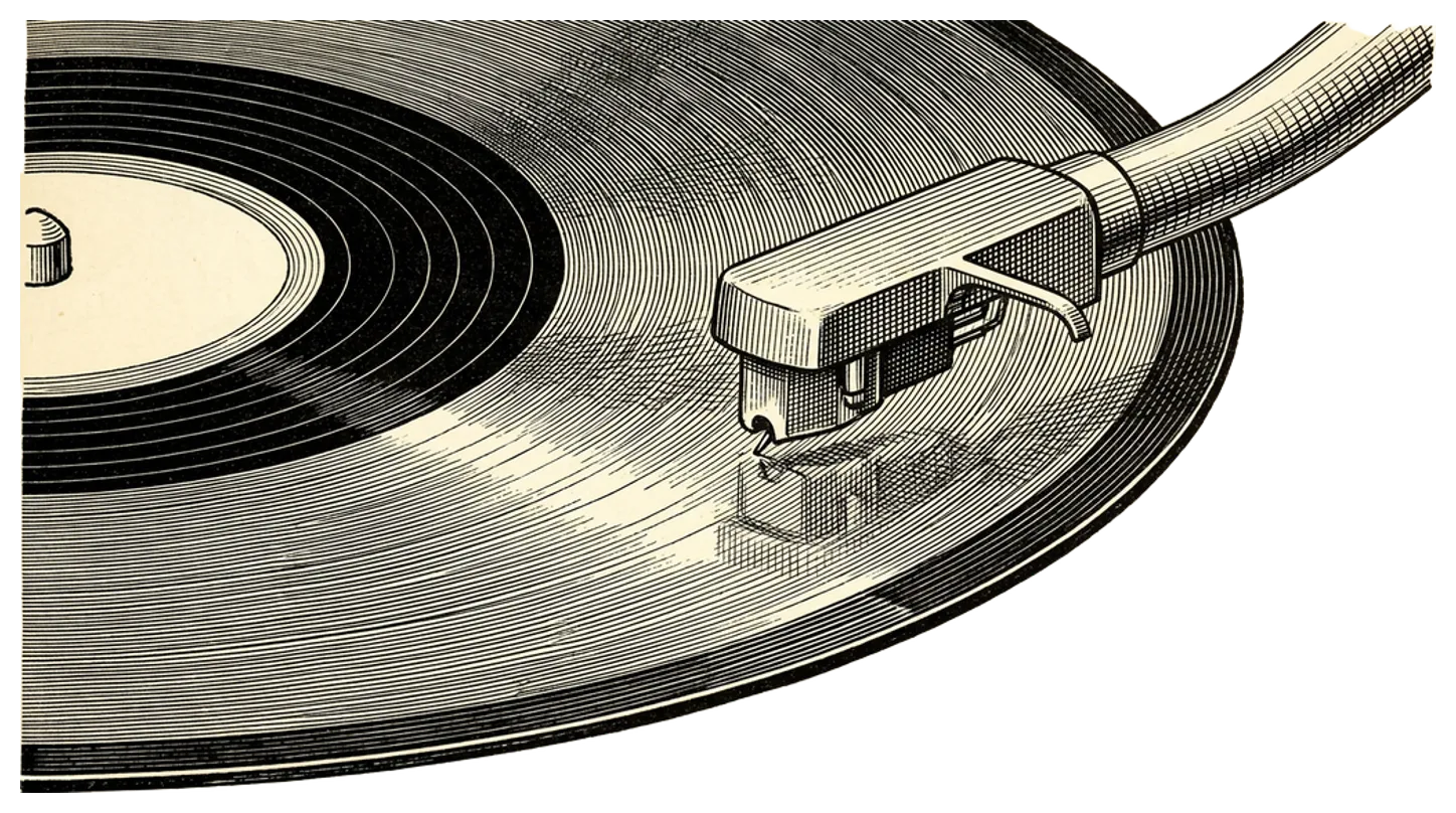 An engraving of a tonearm and stylus settling onto a vinyl record’s outer groove, seen close up.