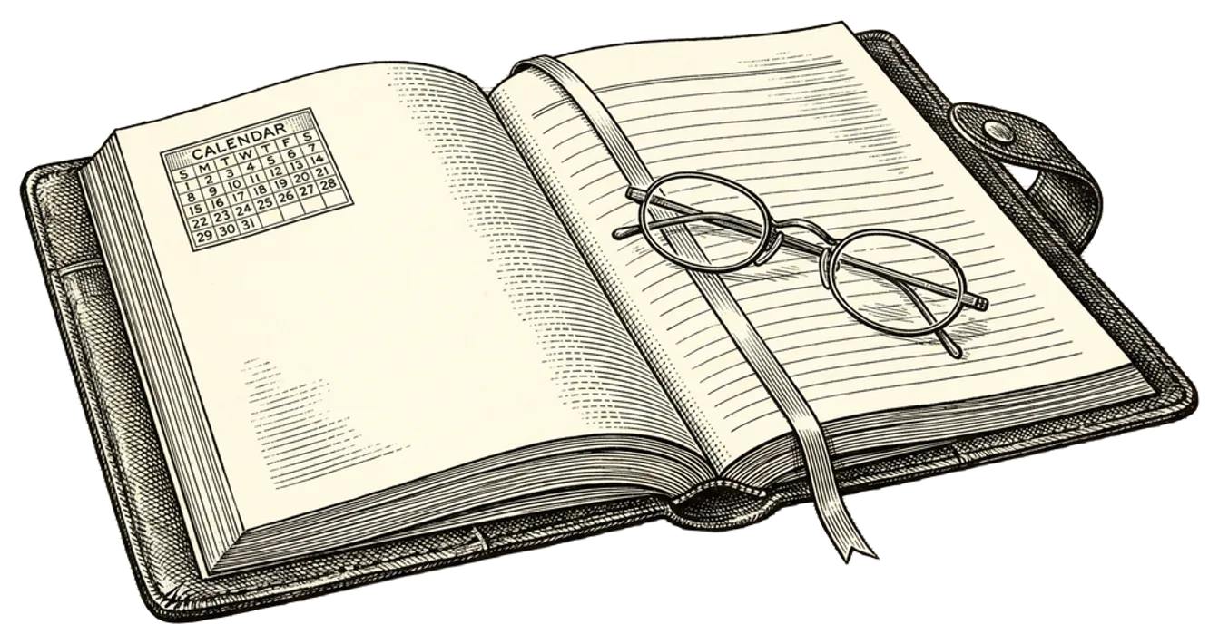 Engraving of a leather-bound day planner lying open with a ribbon bookmark and reading glasses folded on top