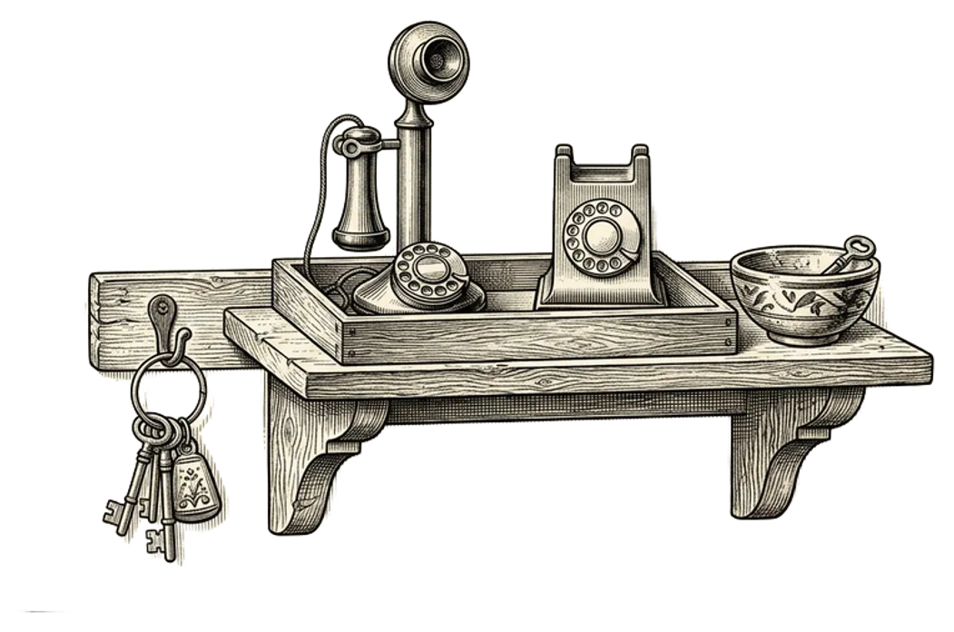 A simple hallway shelf with two phones charging neatly in a designated place, keys and a small ceramic bowl nearby, with a warmly lit living space in the background