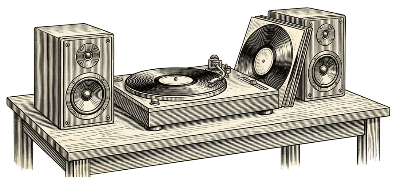 Engraving of a turntable playing a record with a stack of vinyl LPs and a pair of bookshelf speakers