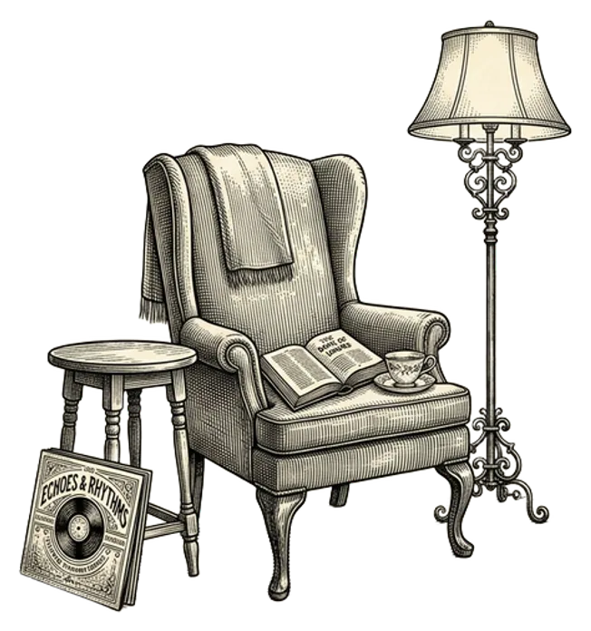 A calm living-room corner at dusk with a reading chair, warm lamp, paperback book, and a phone charging quietly on a distant hallway shelf