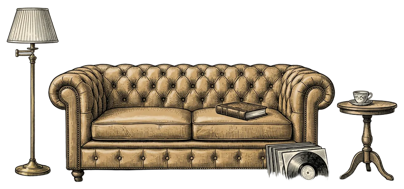Engraving of a reading nook with a deep armchair beside a floor lamp, a side table holding a book and steaming cup of tea, and a potted fern nearby