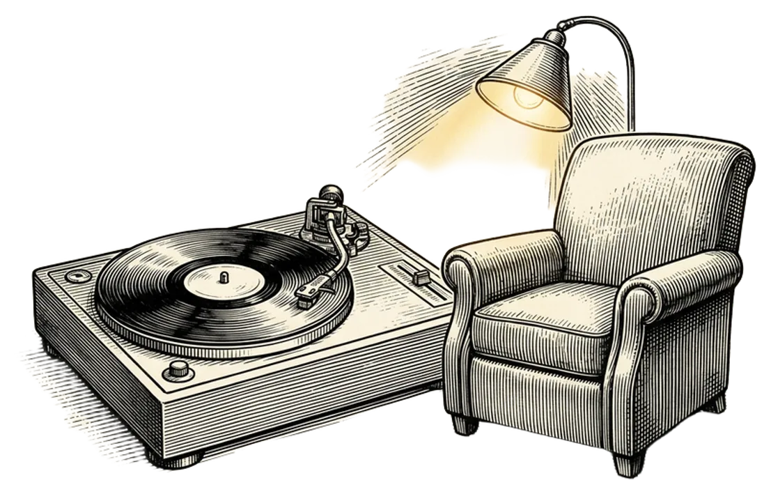 Engraving of a turntable record player with a vinyl record spinning and tonearm lowered, beside an armchair and reading lamp