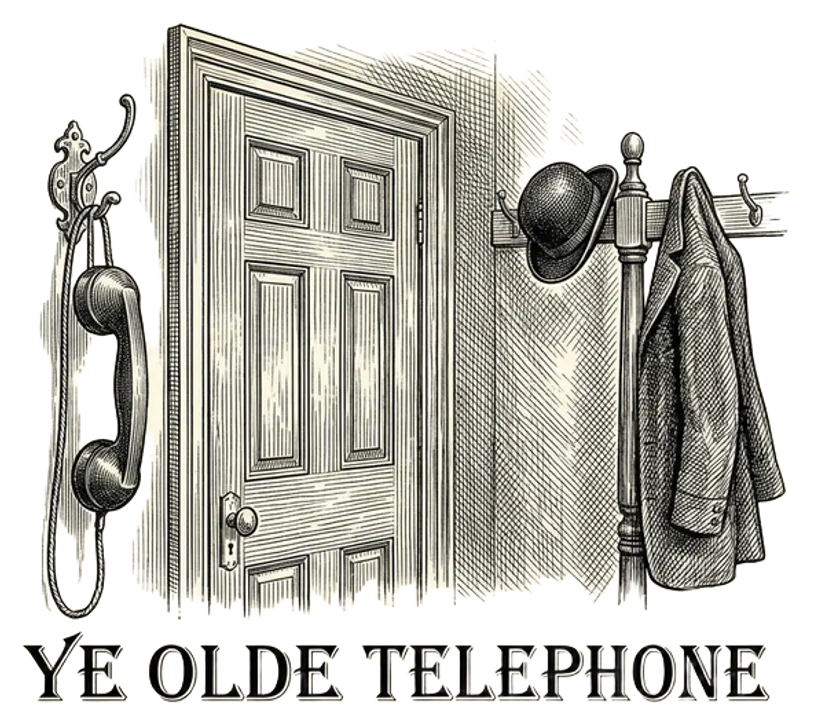Engraving of a single telephone receiver hanging on a wall hook beside a front door, with a coat rack nearby