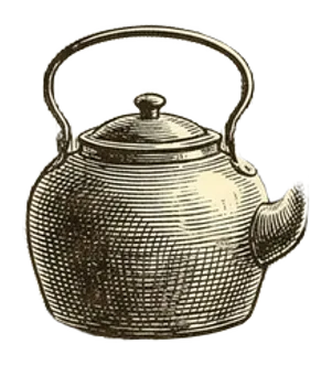 Engraving of a steaming kettle on a stovetop beside an open window with morning light, a book resting on the windowsill