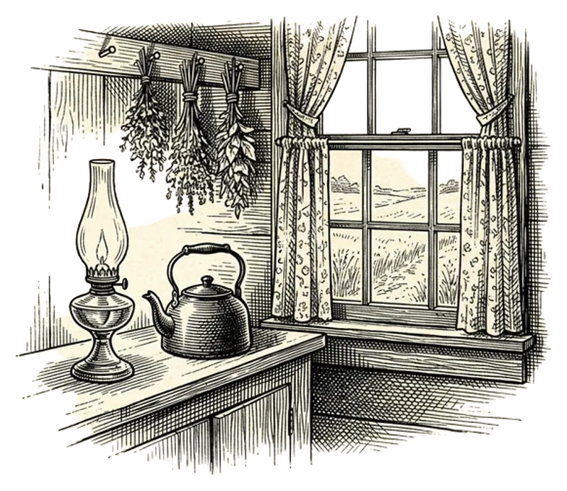 An engraving of a quiet kitchen interior with a lamp on the counter