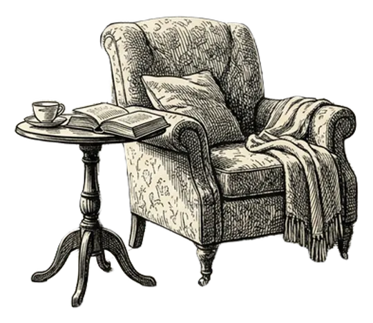 An engraving of a quiet domestic interior with a chair near a window, a book and teacup on a small table, in late afternoon light.