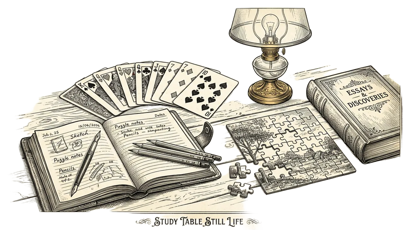 A useful lived-in table with cards, pencils, notebook, partially completed puzzle, book, and a small lamp ready to use
