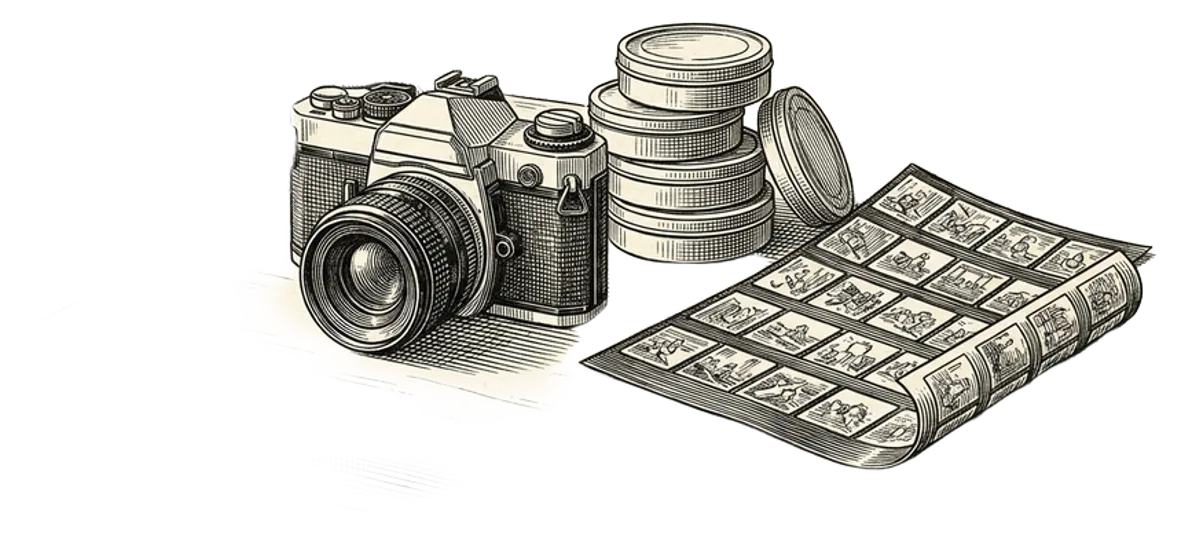 An engraving of a 35mm film camera on a wooden table beside a stack of film canisters and a contact sheet.
