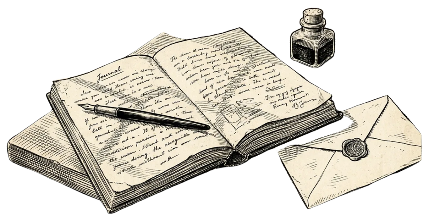 An engraving of an open notebook with a fountain pen resting across an unfinished page on a writing desk.