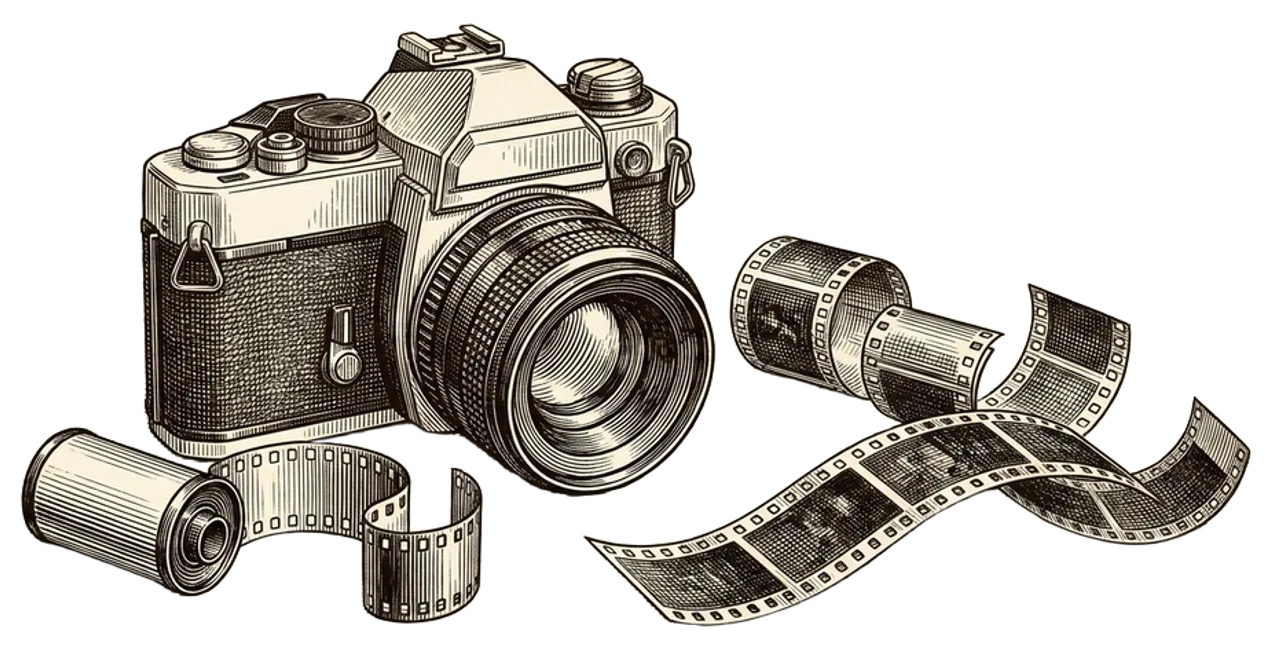 Engraving of a 35mm film camera beside an unspooled roll of film with curling developed negative strips
